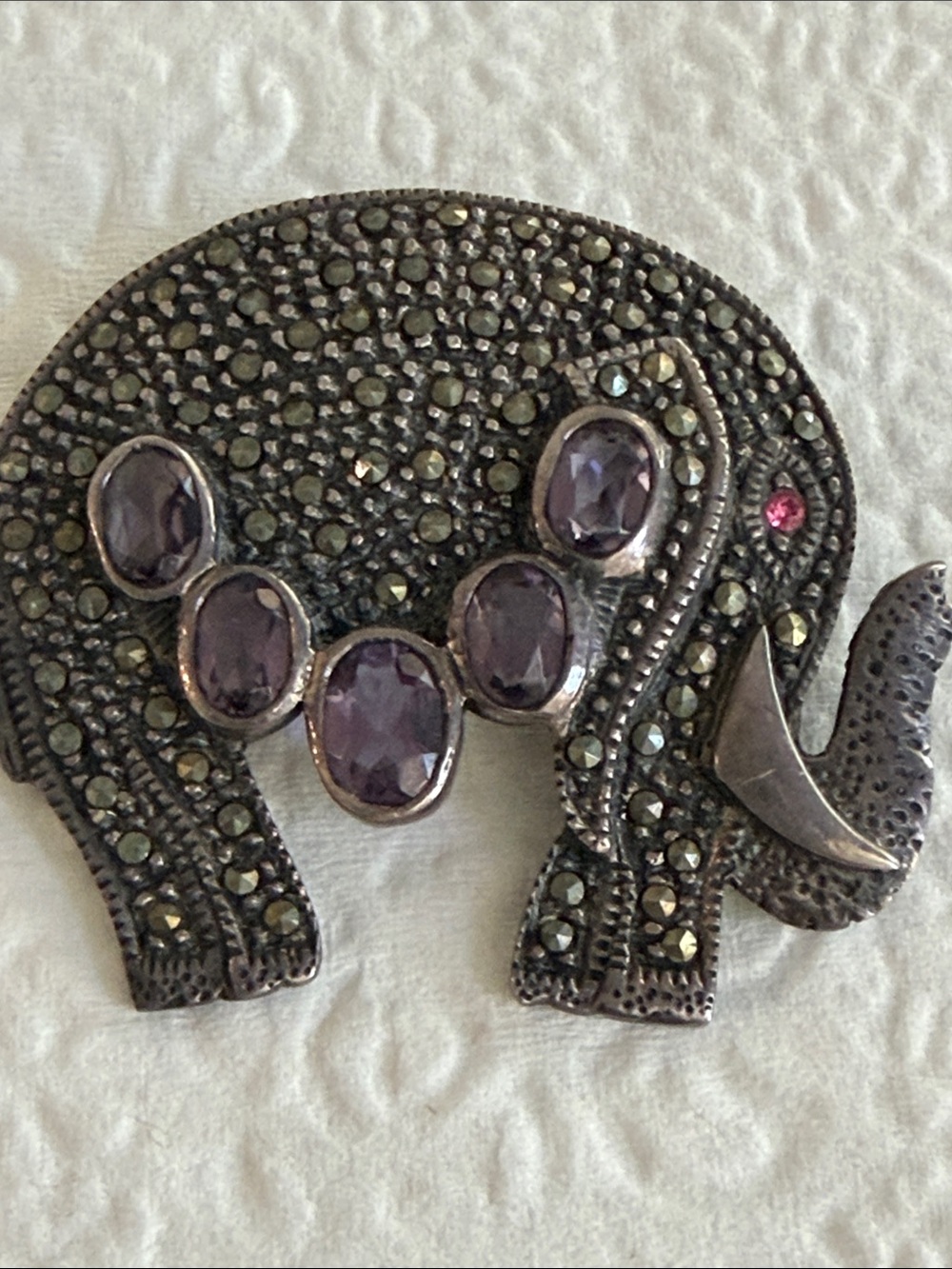 Amethyst-Tone Elephant Brooch with Marcasite Accents